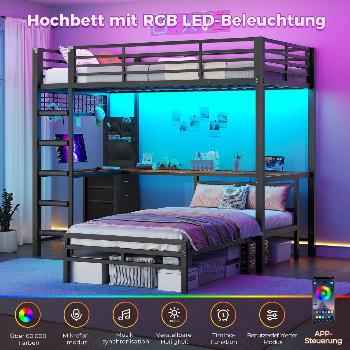 AOGLLATI Hochbett 90x200 mit L-förmiger Schreibtisch & LED-Beleuchtung Jugendbett mit Ladestation Bunk Bed Loft Bed Stockbett mit 3 Stoffschubladen