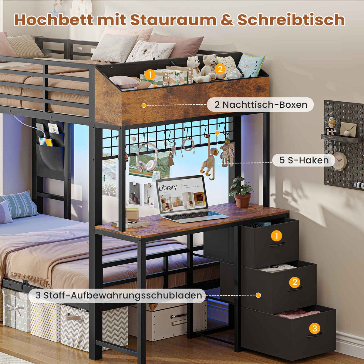 AOGLLATI Hochbett 90x200 Etagenbett mit Schreibtisch Jugendbett 90x200 mit LED Beleuchtung & Ladestation Bunk Bed Loft Bed mit Schreibtisch & Stauraum