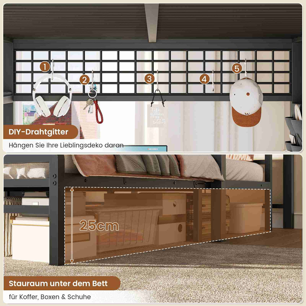 AOGLLATI Hochbett 90x200 mit L-förmiger Schreibtisch & LED-Beleuchtung Jugendbett mit Ladestation Bunk Bed Loft Bed Stockbett mit 3 Stoffschubladen