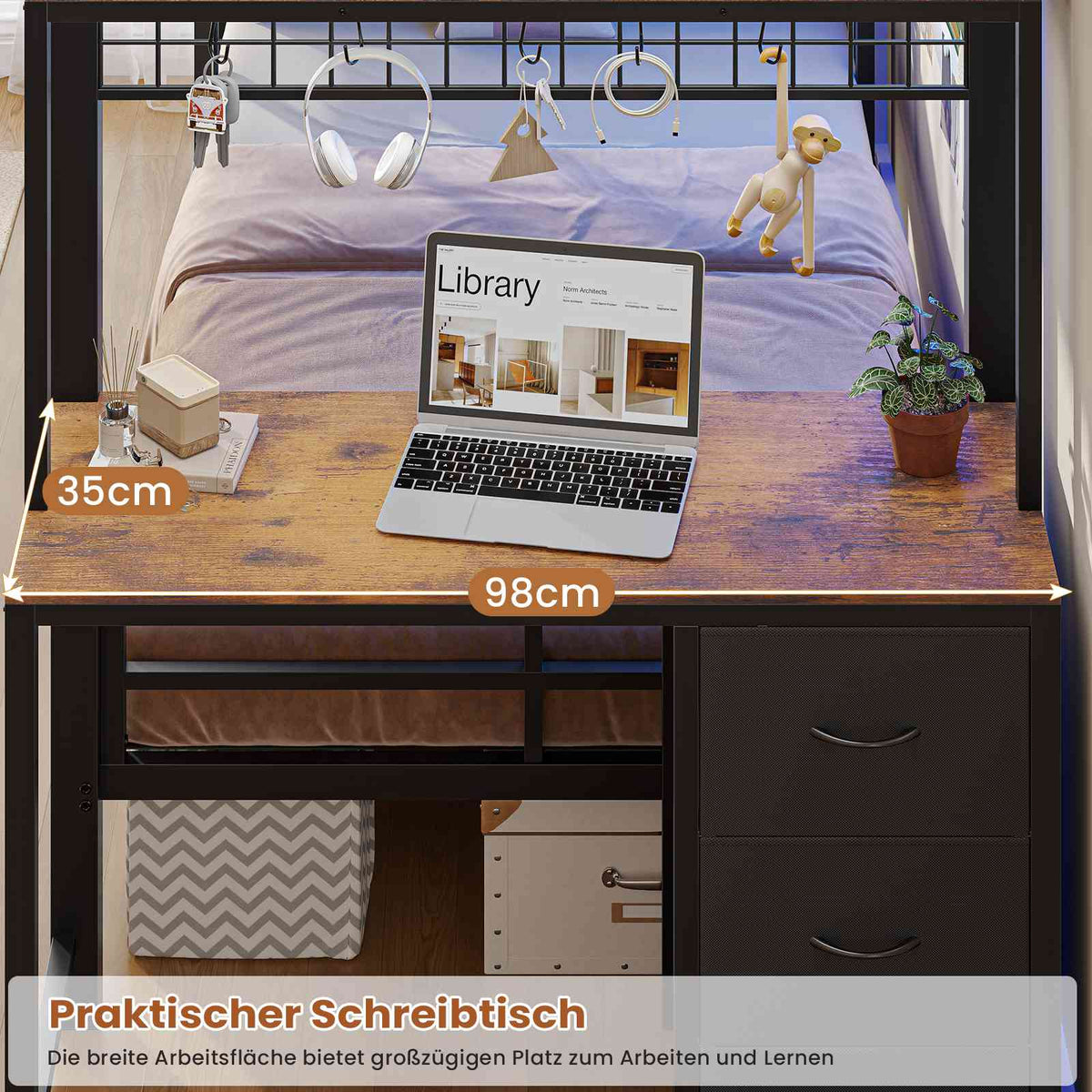 AOGLLATI Hochbett 90x200 Etagenbett mit Schreibtisch Jugendbett 90x200 mit LED Beleuchtung & Ladestation Bunk Bed Loft Bed mit Schreibtisch & Stauraum