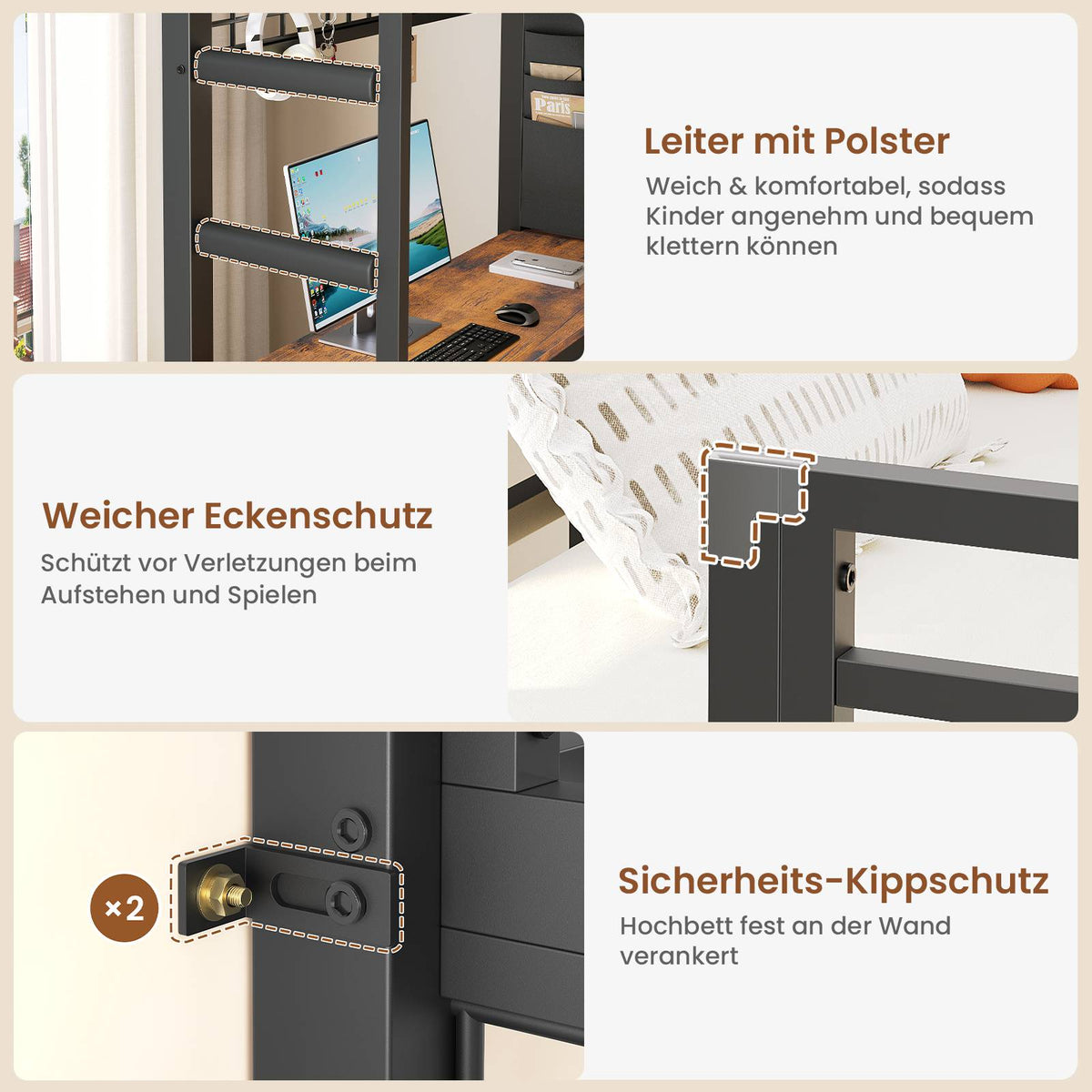 AOGLLATI Hochbett 90x200 mit L-förmiger Schreibtisch & LED-Beleuchtung Jugendbett mit Ladestation Bunk Bed Loft Bed Stockbett mit 3 Stoffschubladen