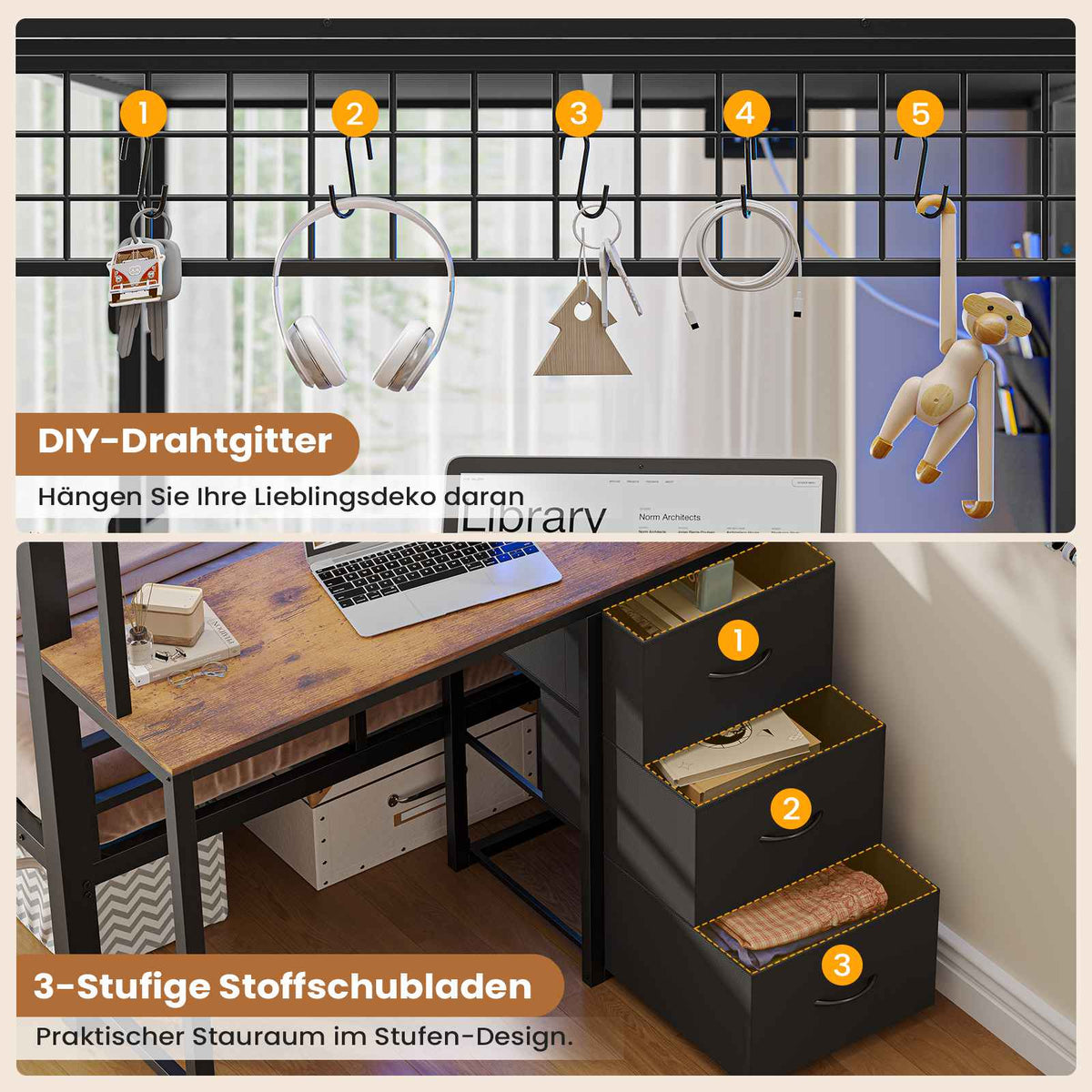 AOGLLATI Hochbett 90x200 Etagenbett mit Schreibtisch Jugendbett 90x200 mit LED Beleuchtung & Ladestation Bunk Bed Loft Bed mit Schreibtisch & Stauraum