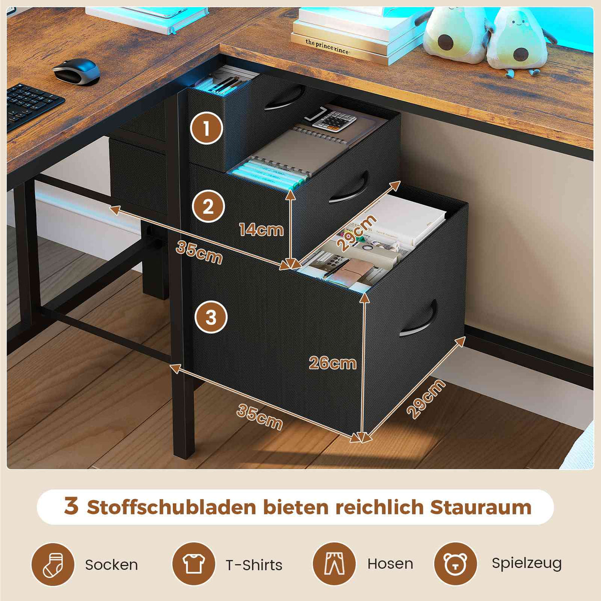 AOGLLATI Hochbett 90x200 mit L-förmiger Schreibtisch & LED-Beleuchtung Jugendbett mit Ladestation Bunk Bed Loft Bed Stockbett mit 3 Stoffschubladen