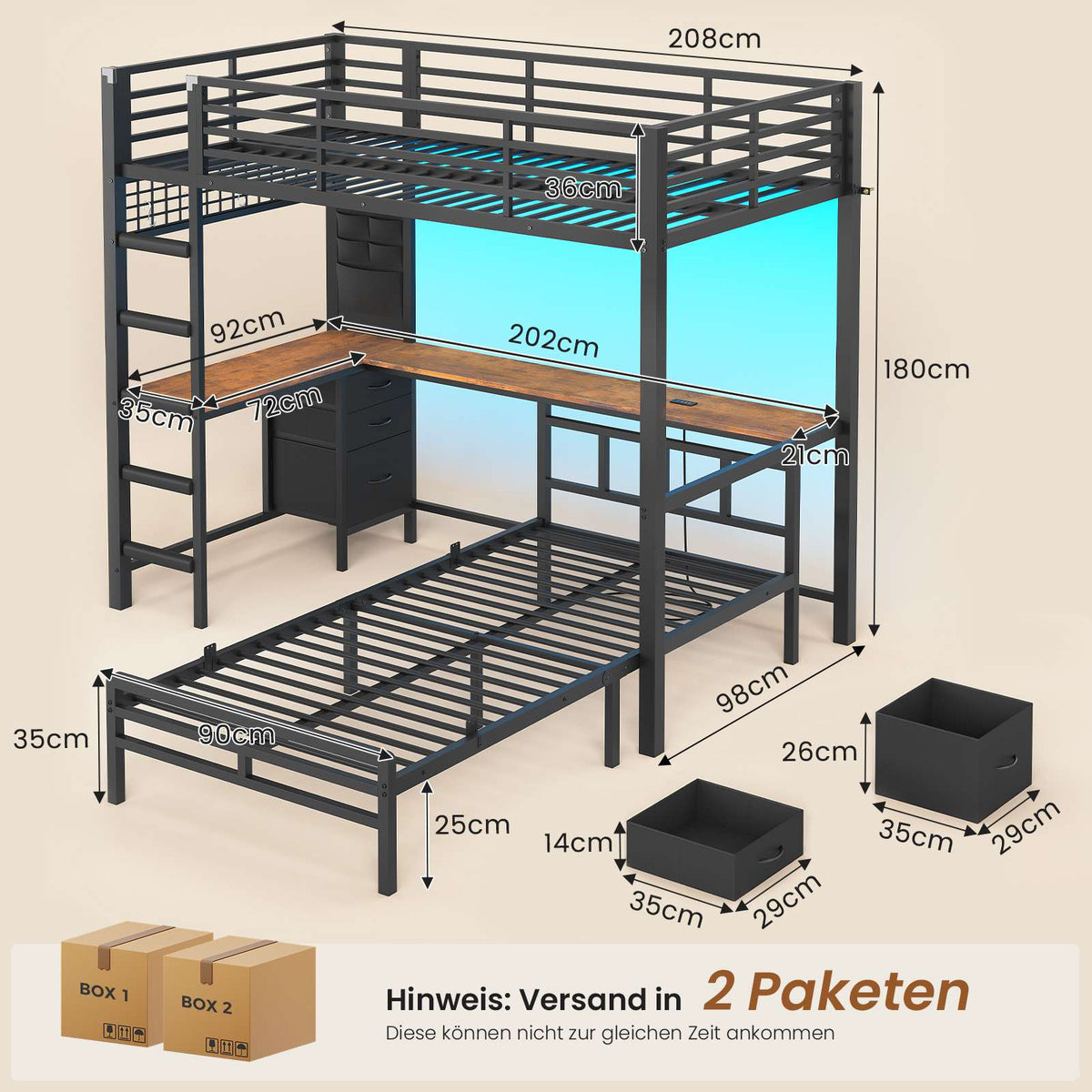 AOGLLATI Hochbett 90x200 mit L-förmiger Schreibtisch & LED-Beleuchtung Jugendbett mit Ladestation Bunk Bed Loft Bed Stockbett mit 3 Stoffschubladen