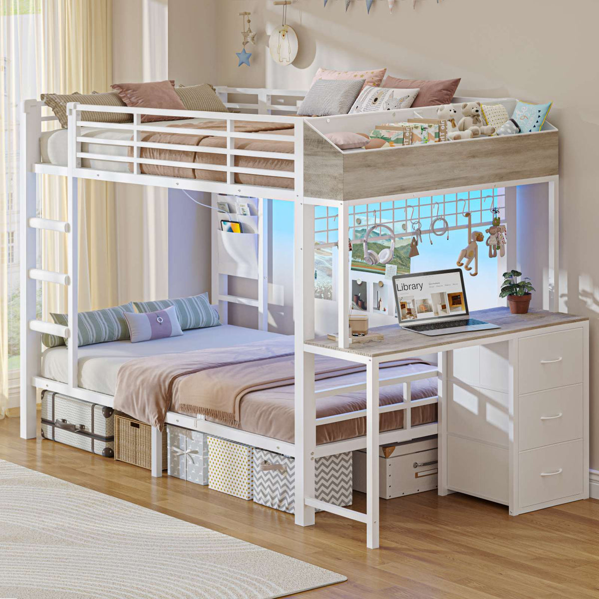 AOGLLATI Hochbett 90x200 Etagenbett mit Schreibtisch Jugendbett 90x200 mit LED Beleuchtung & Ladestation Bunk Bed Loft Bed mit Schreibtisch & Stauraum