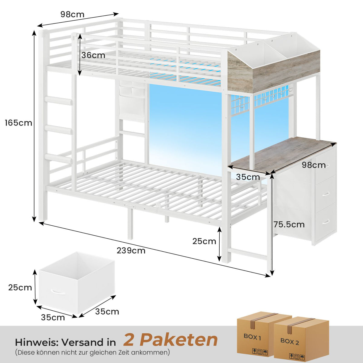 AOGLLATI Hochbett 90x200 Etagenbett mit Schreibtisch Jugendbett 90x200 mit LED Beleuchtung & Ladestation Bunk Bed Loft Bed mit Schreibtisch & Stauraum