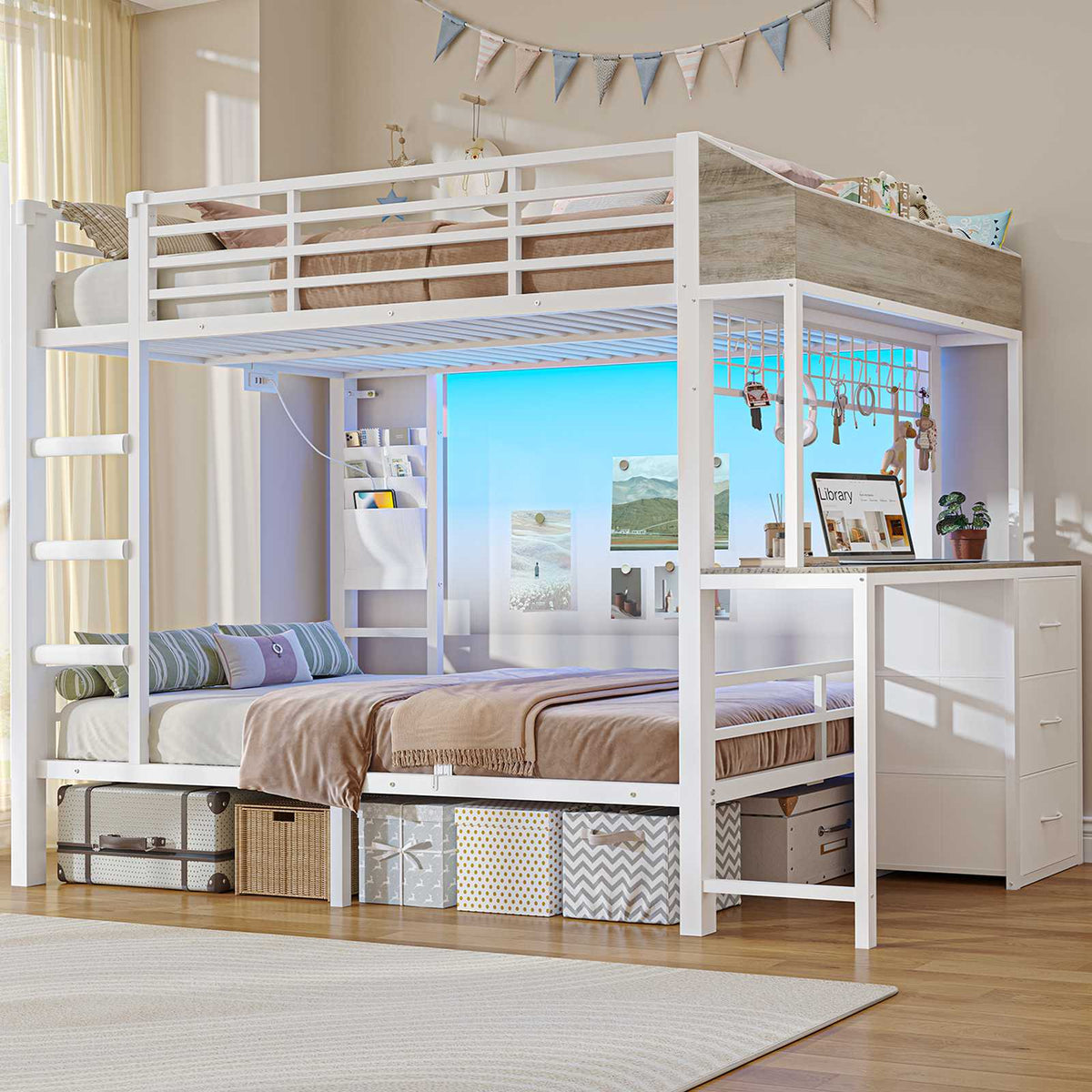 AOGLLATI Hochbett 90x200 Etagenbett mit Schreibtisch Jugendbett 90x200 mit LED Beleuchtung & Ladestation Bunk Bed Loft Bed mit Schreibtisch & Stauraum