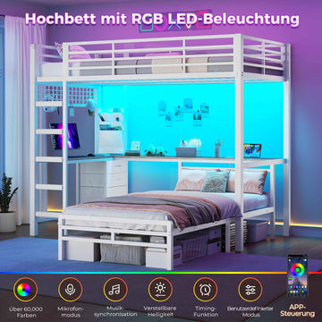 AOGLLATI Hochbett 90x200 mit L-förmiger Schreibtisch & LED-Beleuchtung Jugendbett mit Ladestation Bunk Bed Loft Bed Stockbett mit 3 Stoffschubladen