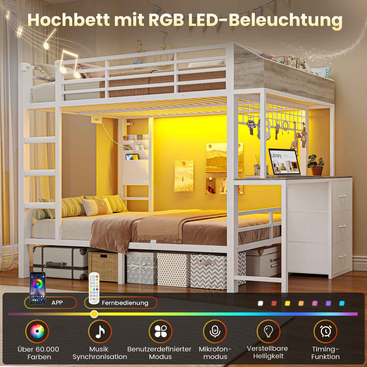 AOGLLATI Hochbett 90x200 Etagenbett mit Schreibtisch Jugendbett 90x200 mit LED Beleuchtung & Ladestation Bunk Bed Loft Bed mit Schreibtisch & Stauraum