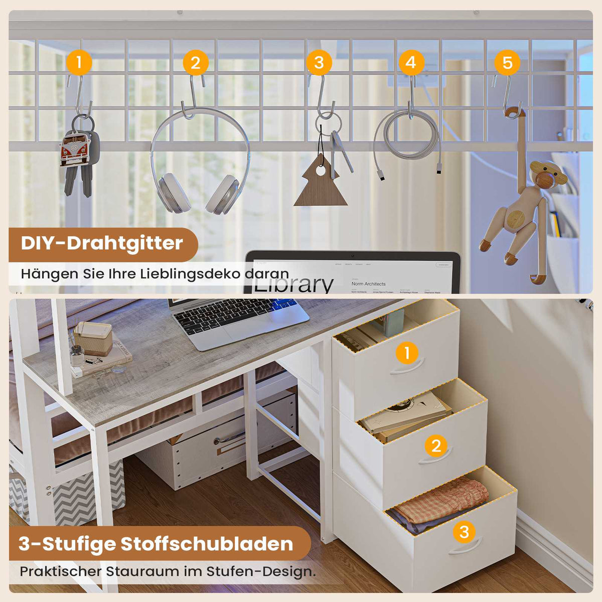 AOGLLATI Hochbett 90x200 Etagenbett mit Schreibtisch Jugendbett 90x200 mit LED Beleuchtung & Ladestation Bunk Bed Loft Bed mit Schreibtisch & Stauraum