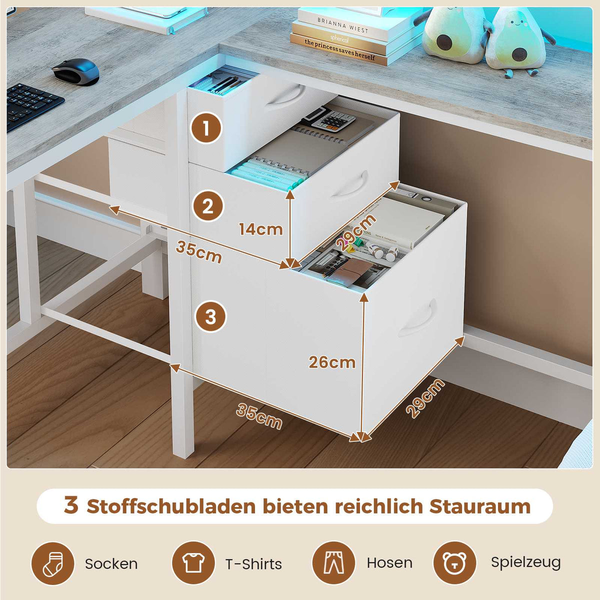 AOGLLATI Hochbett 90x200 mit L-förmiger Schreibtisch & LED-Beleuchtung Jugendbett mit Ladestation Bunk Bed Loft Bed Stockbett mit 3 Stoffschubladen