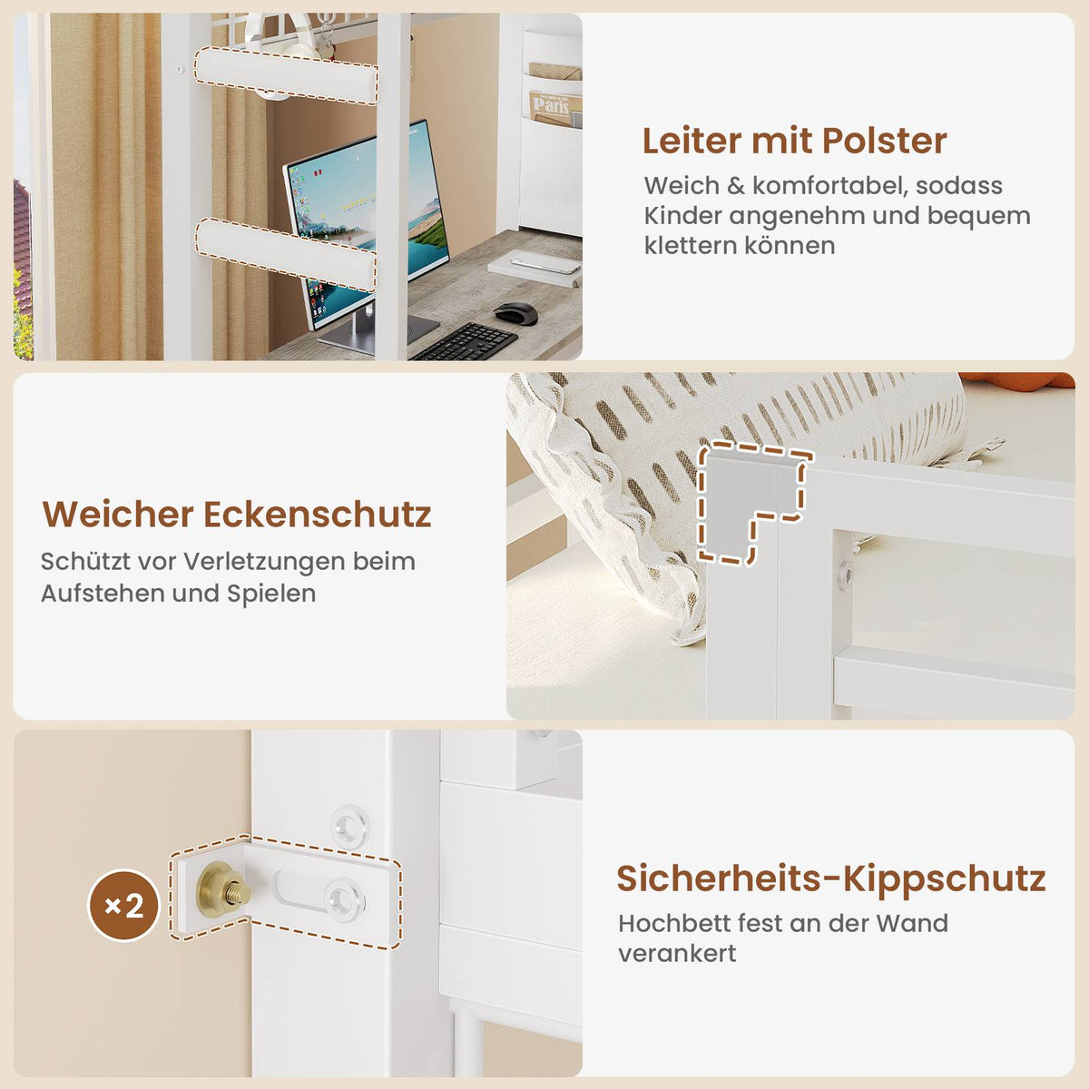AOGLLATI Hochbett 90x200 mit L-förmiger Schreibtisch & LED-Beleuchtung Jugendbett mit Ladestation Bunk Bed Loft Bed Stockbett mit 3 Stoffschubladen