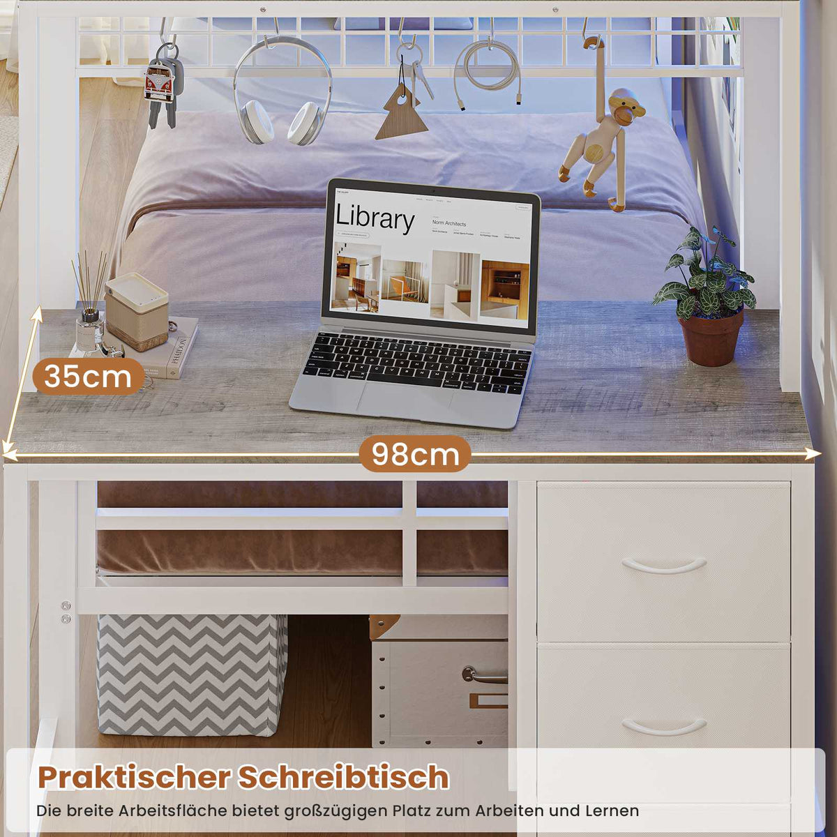 AOGLLATI Hochbett 90x200 Etagenbett mit Schreibtisch Jugendbett 90x200 mit LED Beleuchtung & Ladestation Bunk Bed Loft Bed mit Schreibtisch & Stauraum