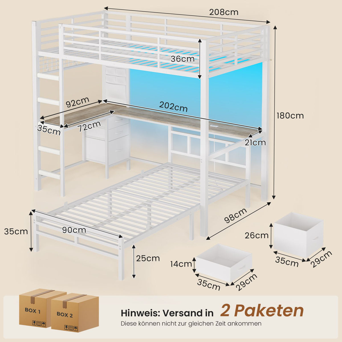 AOGLLATI Hochbett 90x200 mit L-förmiger Schreibtisch & LED-Beleuchtung Jugendbett mit Ladestation Bunk Bed Loft Bed Stockbett mit 3 Stoffschubladen