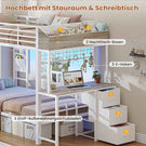 AOGLLATI Hochbett 90x200 Etagenbett mit Schreibtisch Jugendbett 90x200 mit LED Beleuchtung & Ladestation Bunk Bed Loft Bed mit Schreibtisch & Stauraum