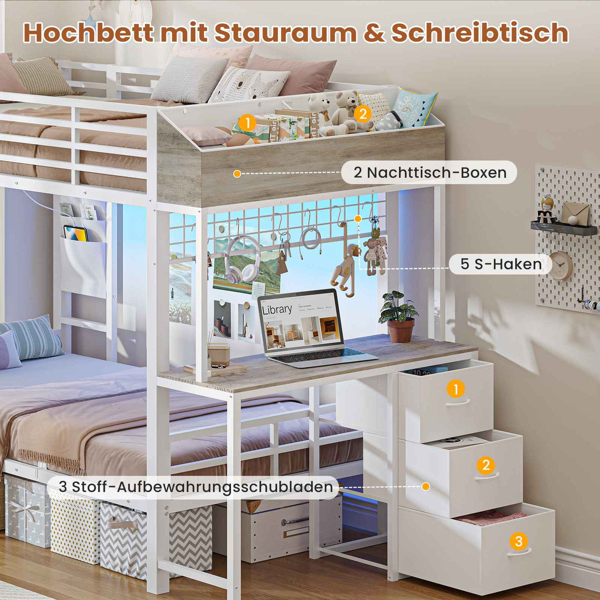 AOGLLATI Hochbett 90x200 Etagenbett mit Schreibtisch Jugendbett 90x200 mit LED Beleuchtung & Ladestation Bunk Bed Loft Bed mit Schreibtisch & Stauraum