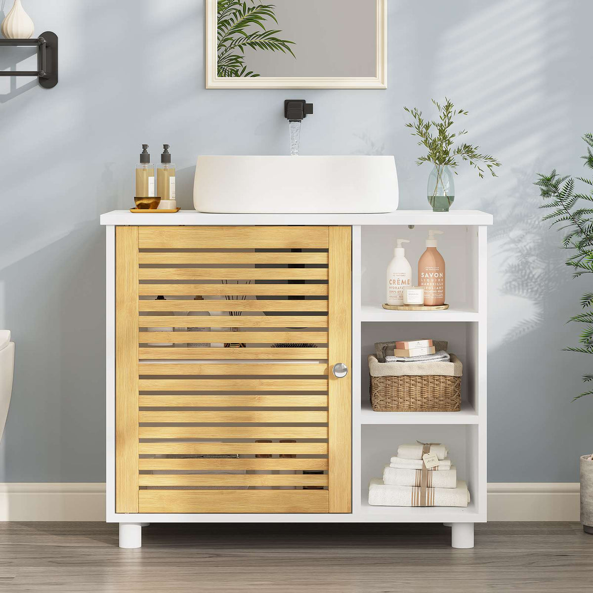 AOGLLATI Waschbeckenunterschrank Badezimmerschrank mit Bambustüren 3 offene Fächer viel Stauraum Freistehend Badschrank Unterschrank