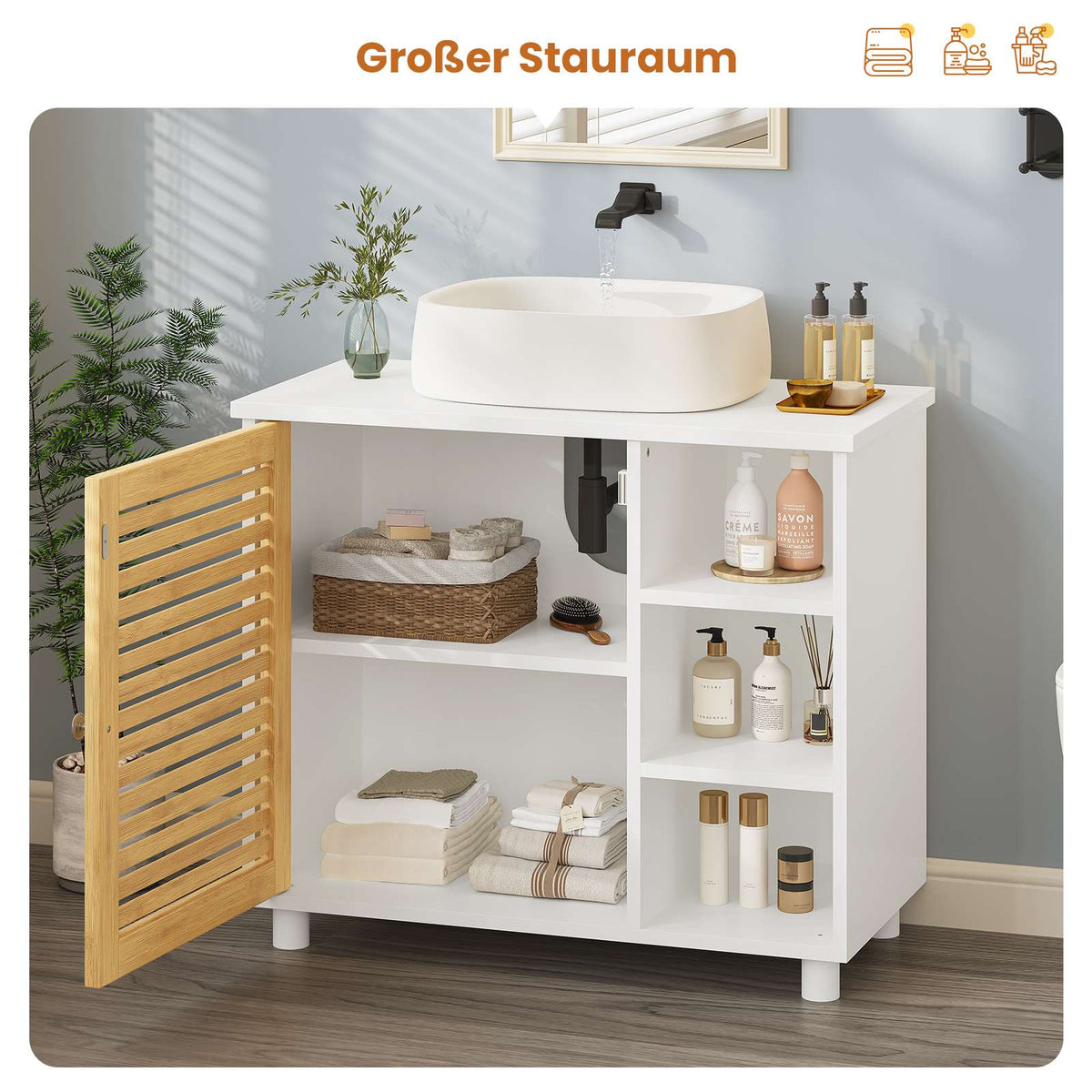 AOGLLATI Waschbeckenunterschrank Badezimmerschrank mit Bambustüren 3 offene Fächer viel Stauraum Freistehend Badschrank Unterschrank