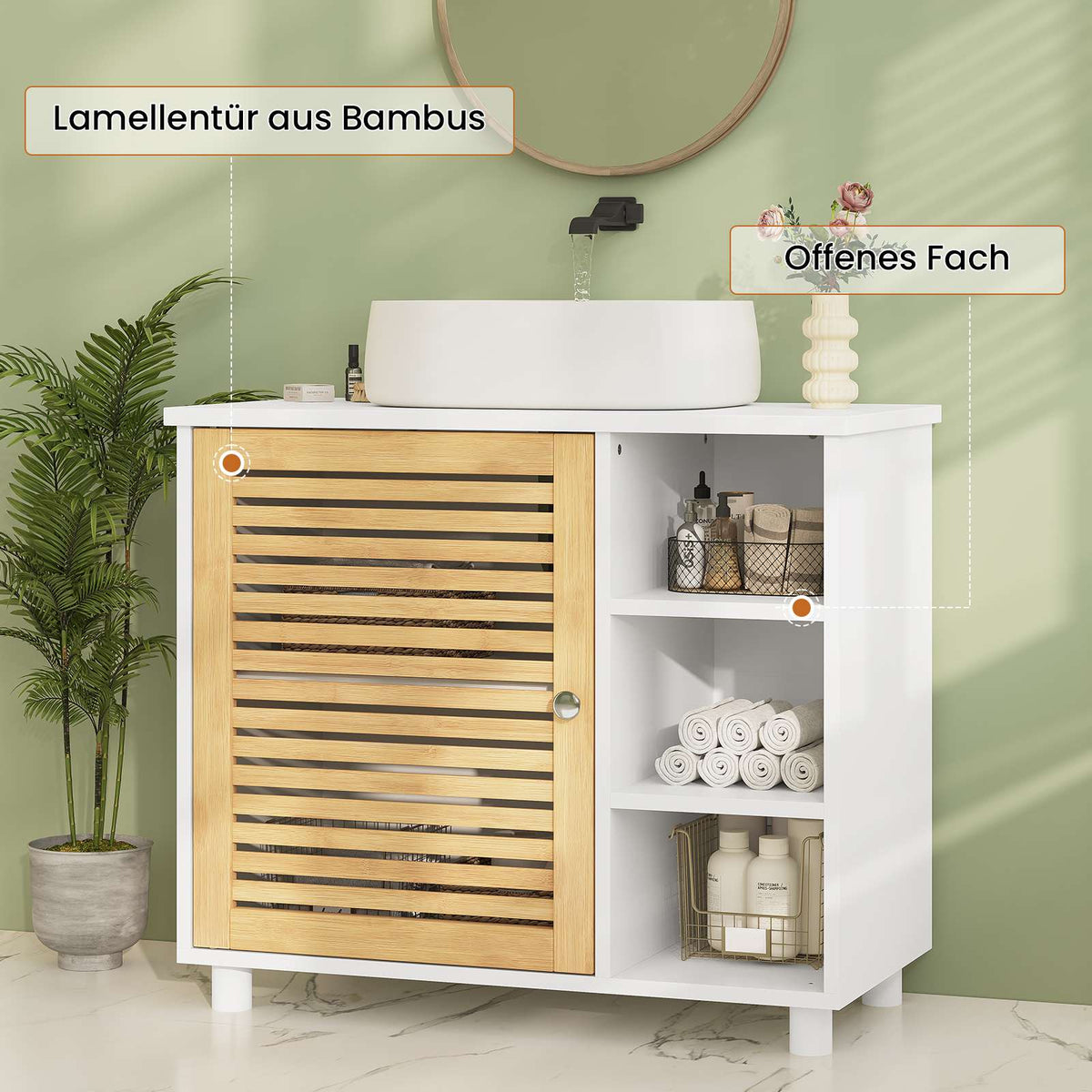 AOGLLATI Waschbeckenunterschrank Badezimmerschrank mit Bambustüren 3 offene Fächer viel Stauraum Freistehend Badschrank Unterschrank