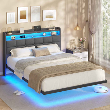 AOGLLATI Polsterbett 140x200 cm Bett mit LED-Beleuchtung und Ladestation Bettgestell mit Kopfteil Doppelbettgestell Schwebebettrahmen