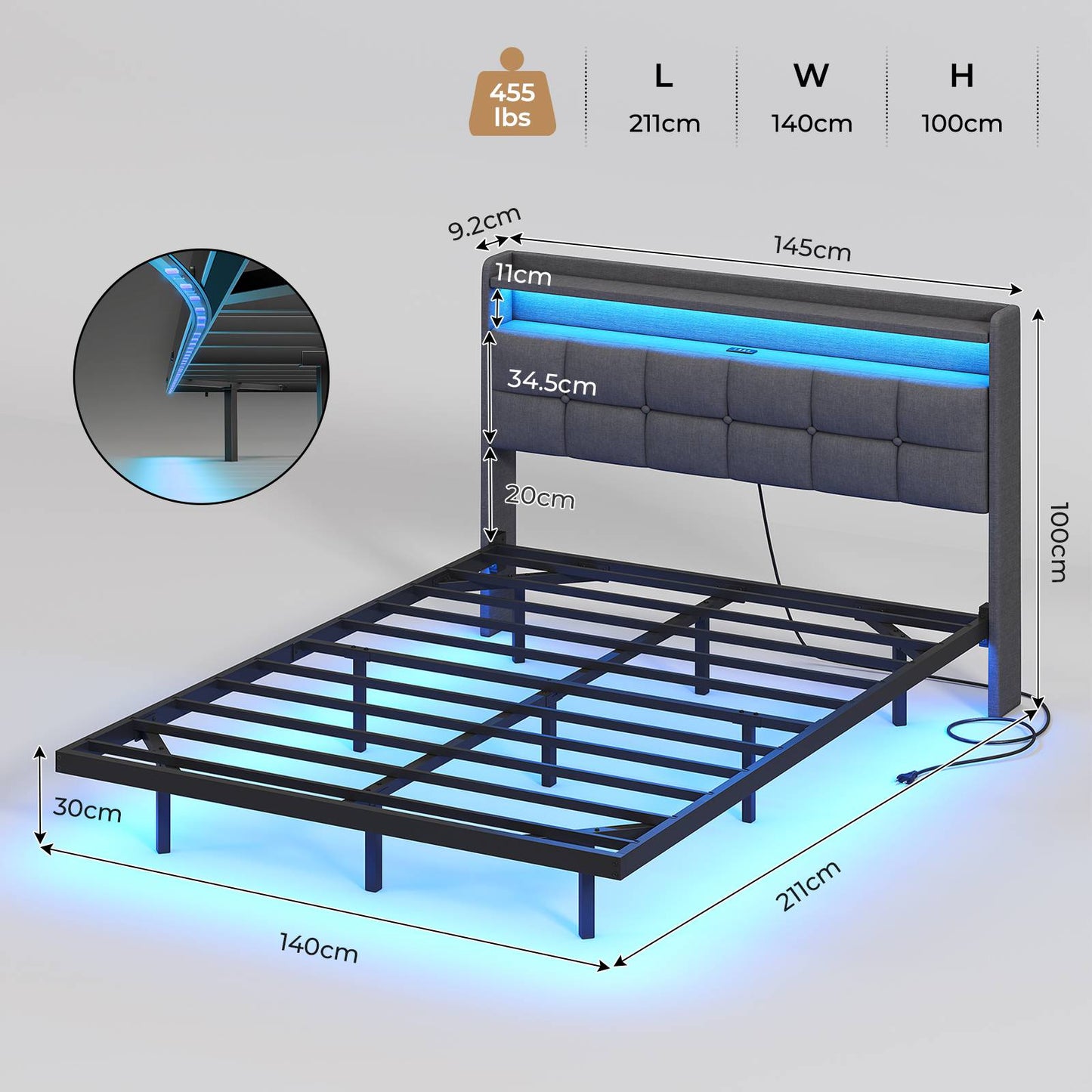 AOGLLATI Polsterbett 140x200 cm Bett mit LED-Beleuchtung und Ladestation Bettgestell mit Kopfteil Doppelbettgestell Schwebebettrahmen