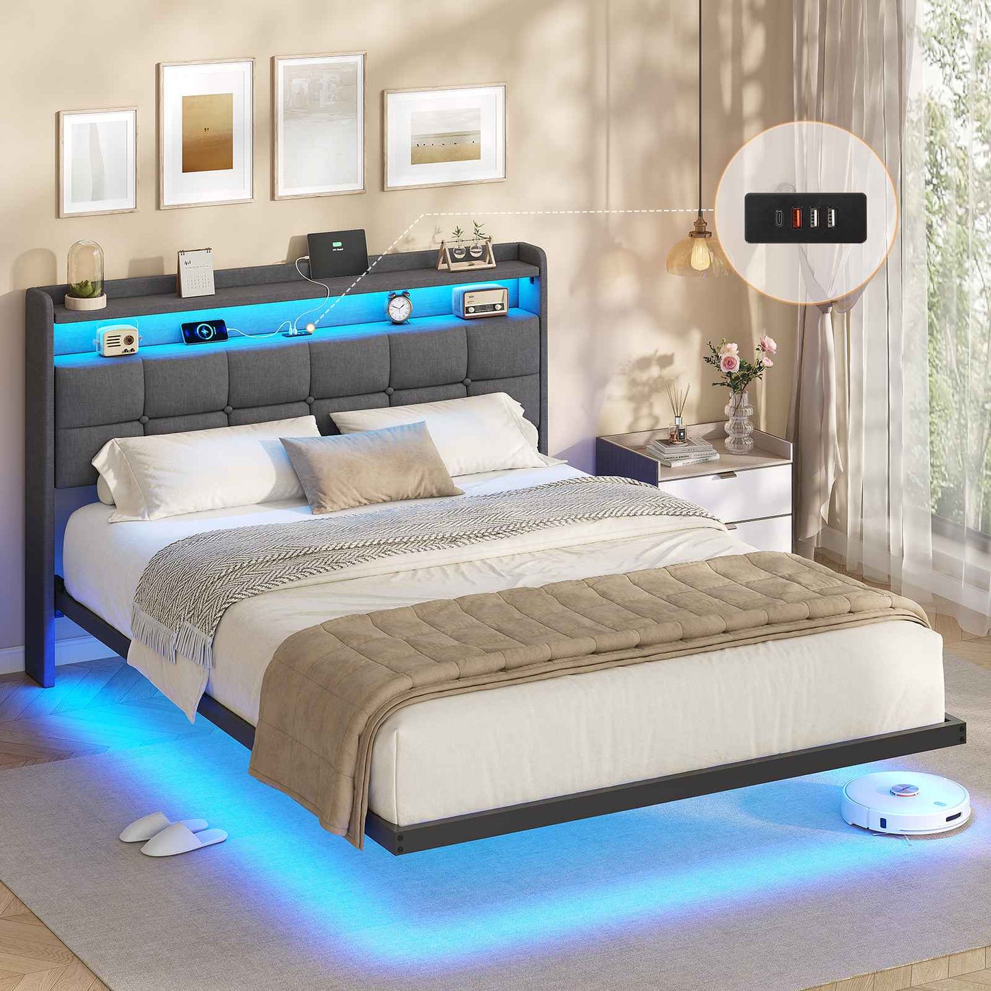 AOGLLATI Polsterbett 140x200 cm Bett mit LED-Beleuchtung und Ladestation Bettgestell mit Kopfteil Doppelbettgestell Schwebebettrahmen
