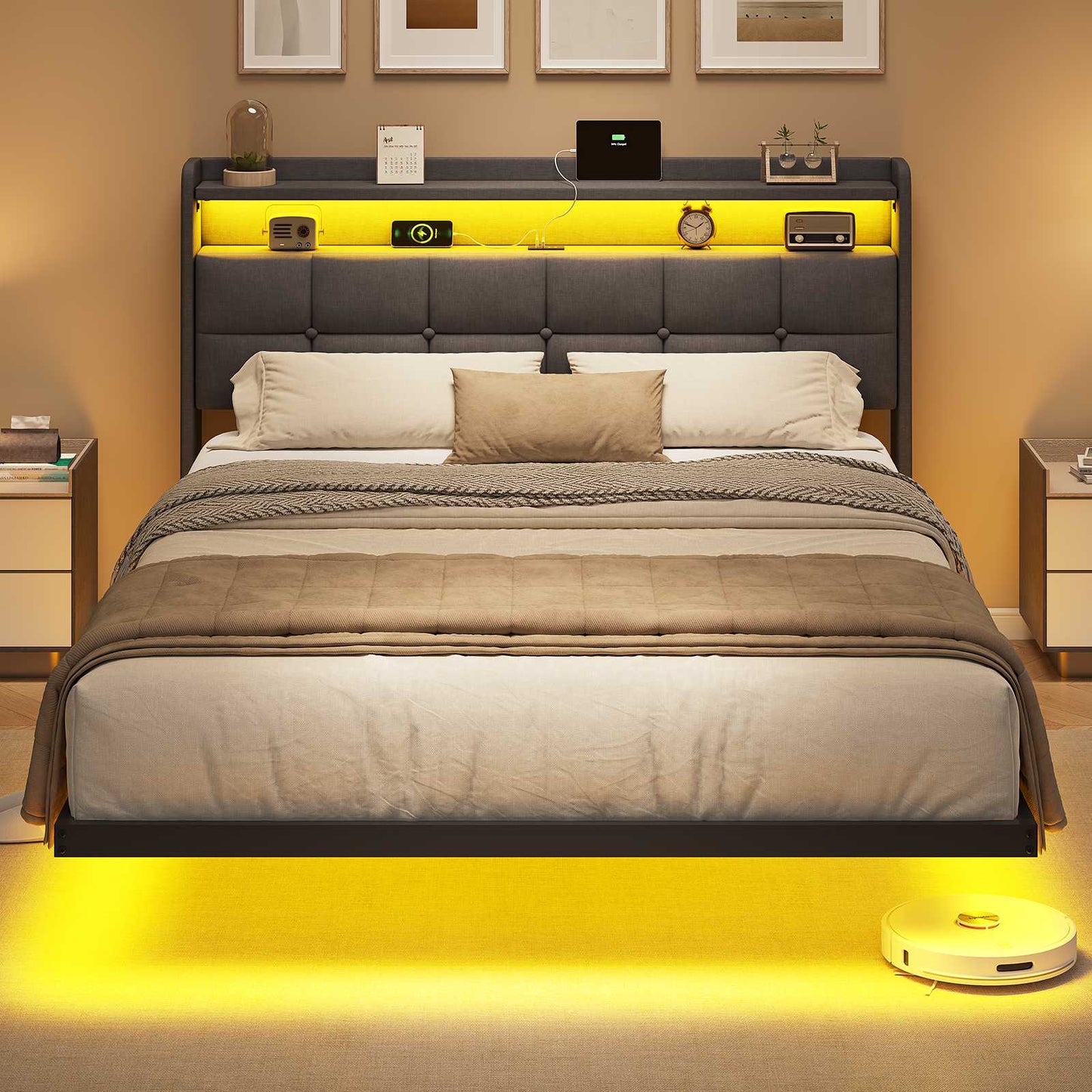 AOGLLATI Polsterbett 140x200 cm Bett mit LED-Beleuchtung und Ladestation Bettgestell mit Kopfteil Doppelbettgestell Schwebebettrahmen