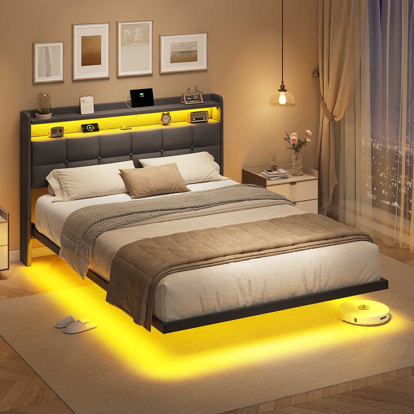 AOGLLATI Polsterbett 140x190 cm mit LED-Beleuchtung und Ladestation Bettgestell mit Kopfteil Bett Schwebebettrahmen