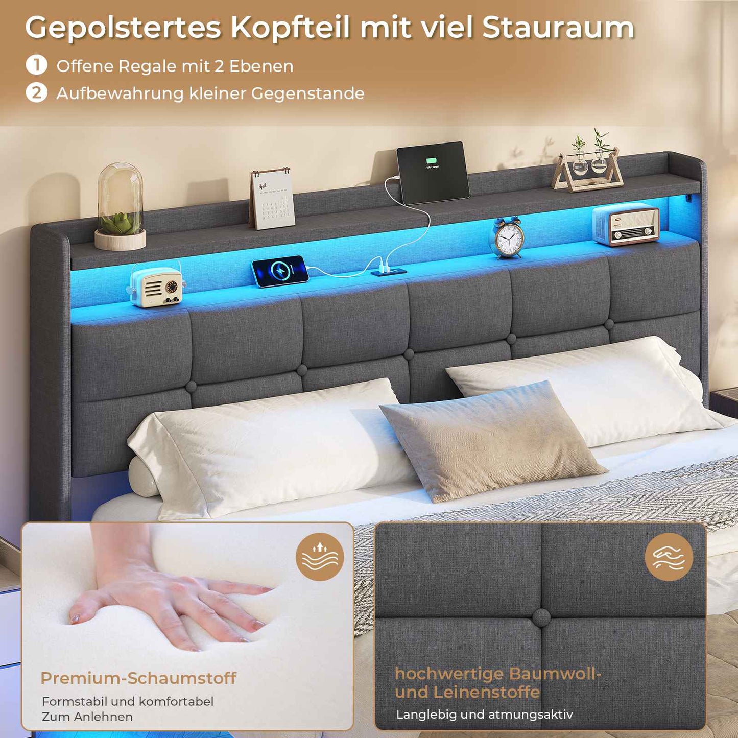 AOGLLATI Polsterbett 140x200 cm Bett mit LED-Beleuchtung und Ladestation Bettgestell mit Kopfteil Doppelbettgestell Schwebebettrahmen