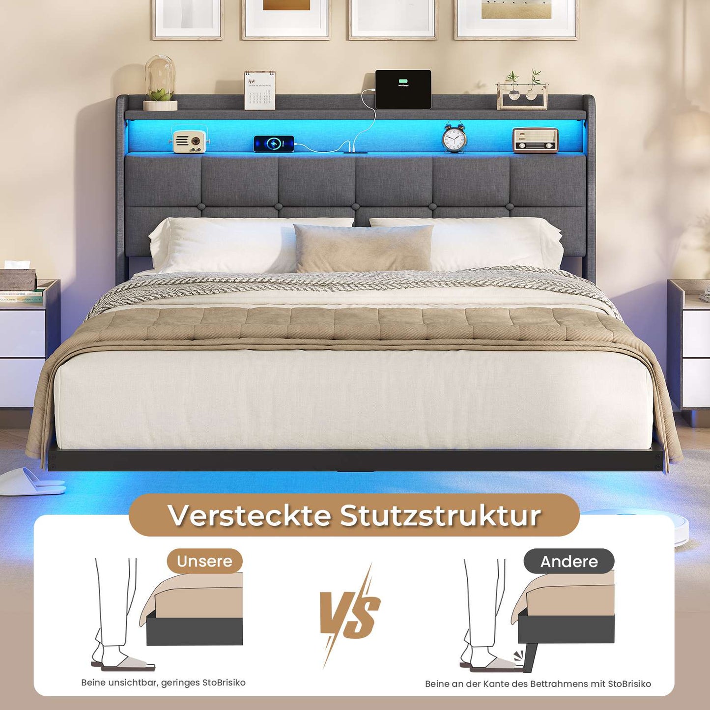 AOGLLATI Polsterbett 140x190 cm mit LED-Beleuchtung und Ladestation Bettgestell mit Kopfteil Bett Schwebebettrahmen