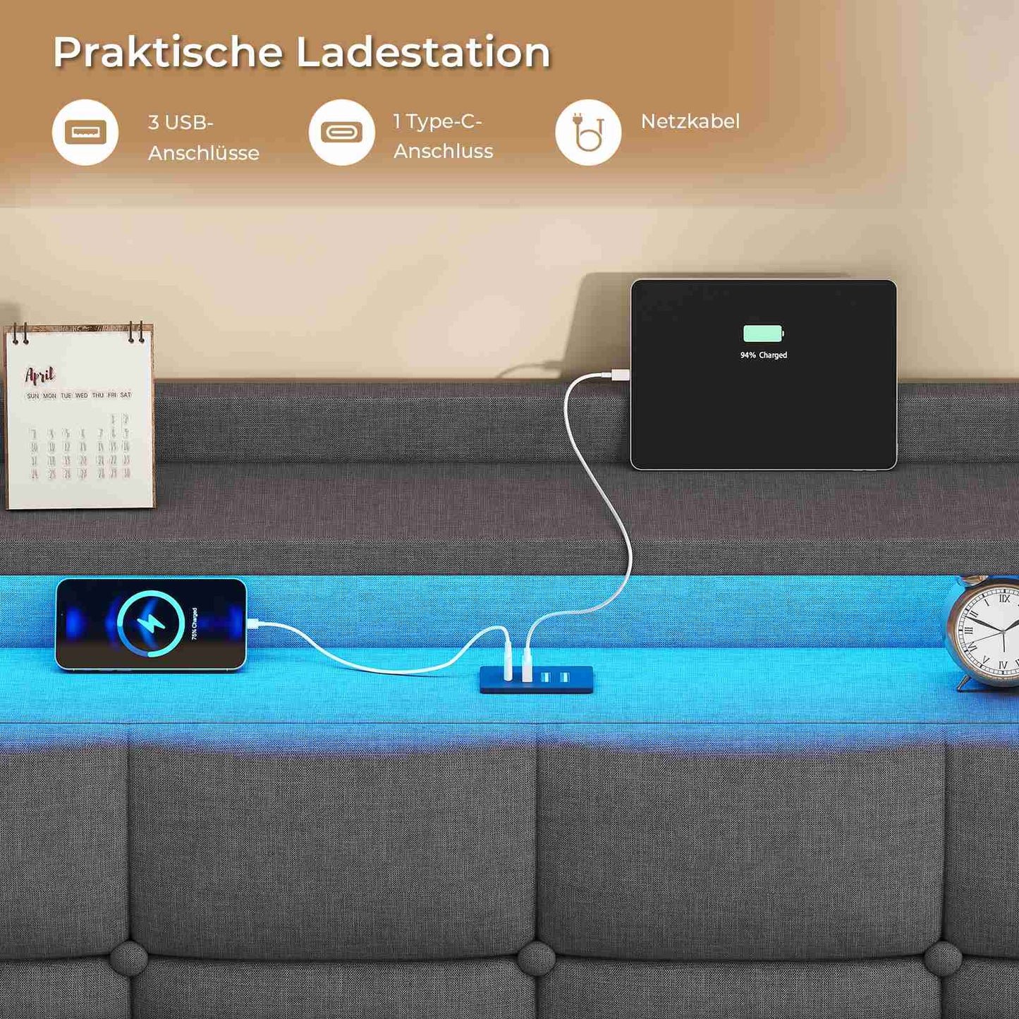 AOGLLATI Polsterbett 140x200 cm Bett mit LED-Beleuchtung und Ladestation Bettgestell mit Kopfteil Doppelbettgestell Schwebebettrahmen