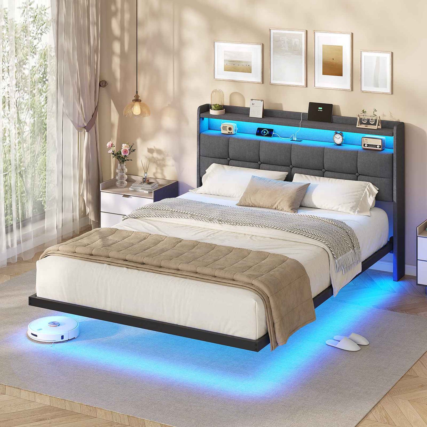 AOGLLATI Polsterbett 140x200 cm Bett mit LED-Beleuchtung und Ladestation Bettgestell mit Kopfteil Doppelbettgestell Schwebebettrahmen
